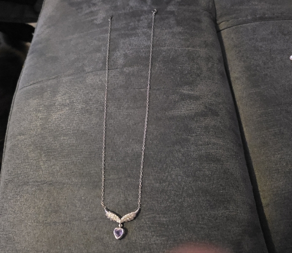 Elegant Silver Winged Amethyst Heart Necklace. - Picture 3 of 4